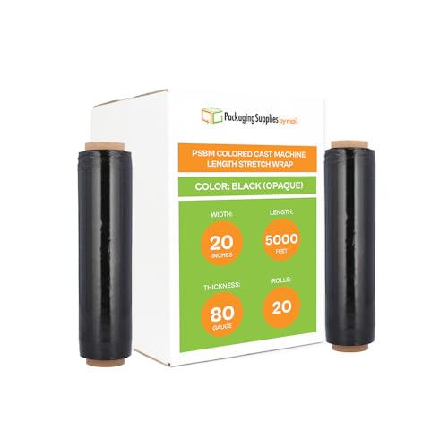 PSBM 20 Rolls 20 Inch x 5000 Feet 80 Gauge Black Machine Stretch Film/Wrap, Heavy Duty Industrial Strength Shrink Plastic Wrap for Moving, Packing, Shipping, Pallet Wrapping & Storage - color: Black, size: 20 Rolls