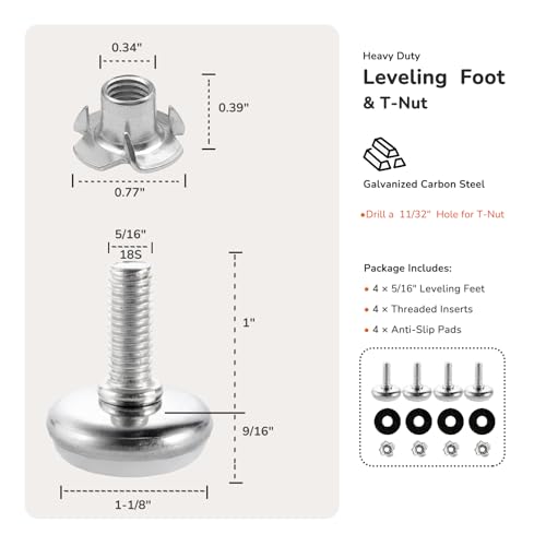 5/16" Adjustable Leveling Feet, Heavy Duty Furniture Levelers with Four-Claw nut, Table Leg Levelers for Cabinets, Workbench, and Sofa, Black