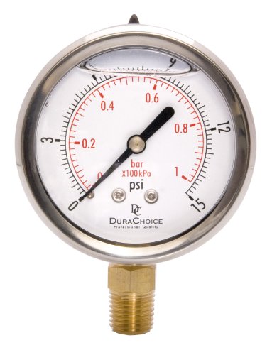 2-1/2" Oil Filled Pressure Gauge, Stainless Steel Case, 0-15 PSI, 1/4" NPT - size: [0-15 PSI]