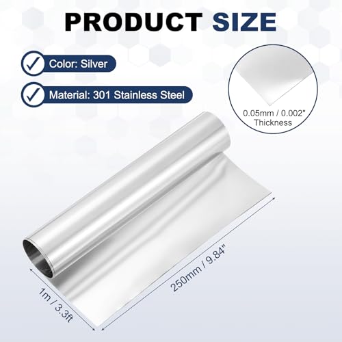 MECCANIXITY 301 Stainless Steel Foil Roll 0.05mmx250mmx1m Silver - size: 0.05mm x 250mm x 1m