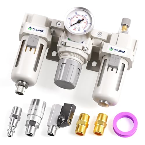 TAILONZ PNEUMATIC 1/2 Inch NPT Manual Drainage 3 in 1 Oil Air Pressure Regulator Filter AC4000-04（0-150PSI） with Lubricator Cup for Air Tools System - color: Manual/3 in 1, size: 1/2"NPT