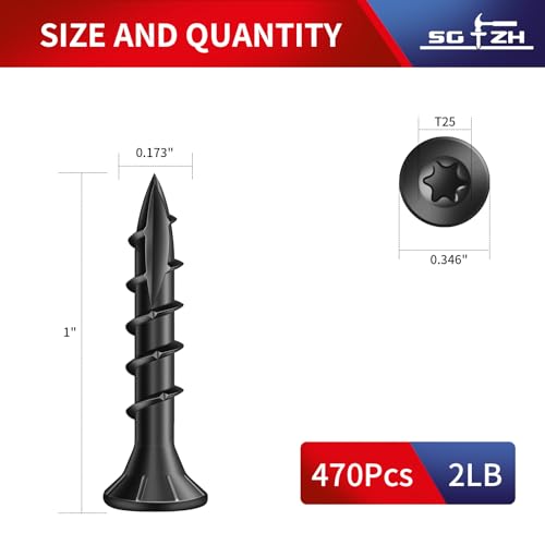 #8 x 1 Inch Deck Screws (470Pcs) 2lb. Carbon Steel, Black, Flat Head, Rust Resistant epoxy Coated, with T25 Star Bit - color: Black, size: #8 x 1"