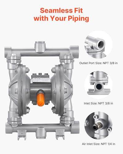 VEVOR Air Operated Double Diaphragm Pump, 6.6 GPM, 3/8 inch Inlet & Outlet Pneumatic Waste Oil Transfer Pump, Max 100 PSI, Aluminum Alloy Body, Air-Operated for Diesel, Grease, Kerosene, Gasoline - style: 3/8 inch 6.6GPM Aluminum Alloy