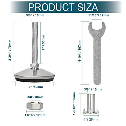 M10 Leveling Feet with 2" Thread Length - Silver, 4 Set - color: Silver, size: M10 x 50mm