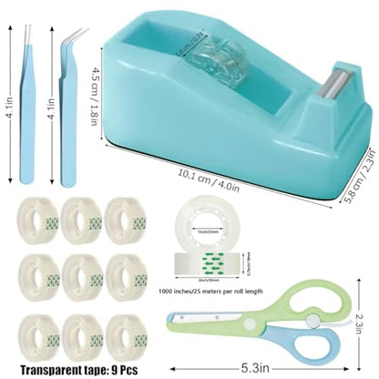 XEUZK Desktop Tape Dispenser Kits with Weighted Nonskid Base Tape Dispenser- Includes 9 Rolls of Transparent Tape(0.71 Inch x 500 inches Each) & Blue Scissors, 2 Pcs Tweezers (Lake Blue) - color: Lake Blue