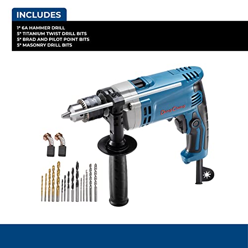 DongCheng Hammer Drill 6A,1/2 Inch Keyed Chuck, 0-3000 RPM/45000 BPM Impact Drill with 15PCS Drilling Bits for Brick Wall, Metal & Wood, DZJ05-13