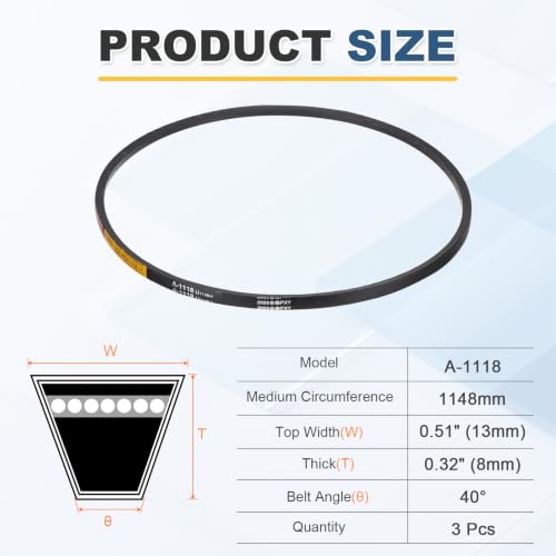 uxcell 3Pcs A-1118 Rubber V-Belt 1118mm Li x 13mm W x 8mm T Classic Wrapped - size: A-1118