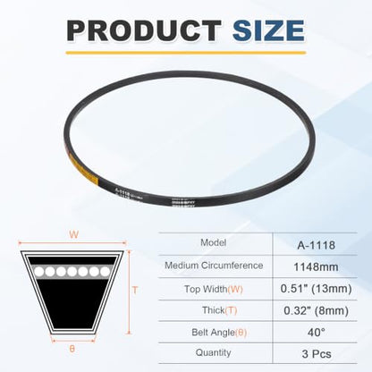 uxcell 3Pcs A-1118 Rubber V-Belt 1118mm Li x 13mm W x 8mm T Classic Wrapped - size: A-1118