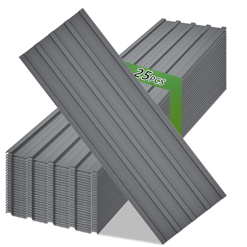 Metal Roof Panels 25 pcs 6.1ft Length Galvanized Steel Corrugated Tin Roofing Panels Gazebo Top Cover Garages,Sheds, Stables and Mobile Homes Replacement for Patio Outdoor Garden, Gray - color: Gray, size: 25 pcs/L73.23"