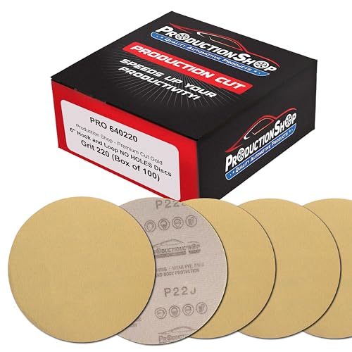 ProductionShop Premium 220 Grit 6" Gold Sanding Discs, Box of 100 - Hook & Loop Backing Abrasive Sandpaper for DA & Random Orbital Sanders - Sand Automotive Paint, Metal, Wood, Woodworking Furniture - style: 220 Grit