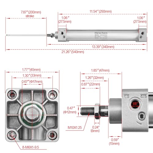 Heschen Tie-Rod Pneumatic Air Cylinder, SC 32-200, 32mm Bore, 200mm Stroke, PT 1/8 Port, Double Acting, Adjustable Cushion, Self-Lubricating Actuator for Industrial & Woodworking - size: 200mm Stroke