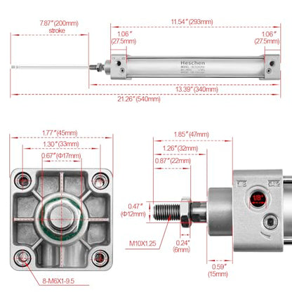 Heschen Tie-Rod Pneumatic Air Cylinder, SC 32-200, 32mm Bore, 200mm Stroke, PT 1/8 Port, Double Acting, Adjustable Cushion, Self-Lubricating Actuator for Industrial & Woodworking - size: 200mm Stroke