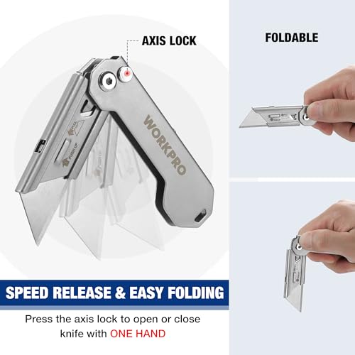 WORKPRO 2PCS EDC Folding Utility Knife, Mini Box Cutter with Quick Open Axis Lock, Quick Change Blade Razor Knife, Foldable Small Pocket Knife with Belt Clip, 2 Packs with 10 Extra Blades - color: Silver