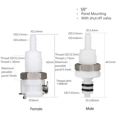 2Pcs 1/8" Plastic Panel Mounting Hose Barb Quick Connector Disconnect - size: 1/8 Inch