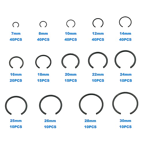 310PCS 14-Sizes 7–30mm Round Wire C-Clips Internal Snap Rings Kit