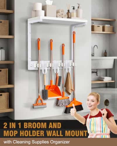 Supforce Small Broom Holder Wall Mount with Shelf, 4 Slots 3 Hooks - color: White, size: Small