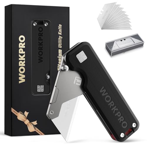 WORKPRO Premium Titanium Utility Knife, CNC Unibody, Lightweight G-10Handle Folding Box Cutter, Quick Change Blade Razor Knife,Ideal Gifts for Men Women, with 10 Extra Blades - color: Black