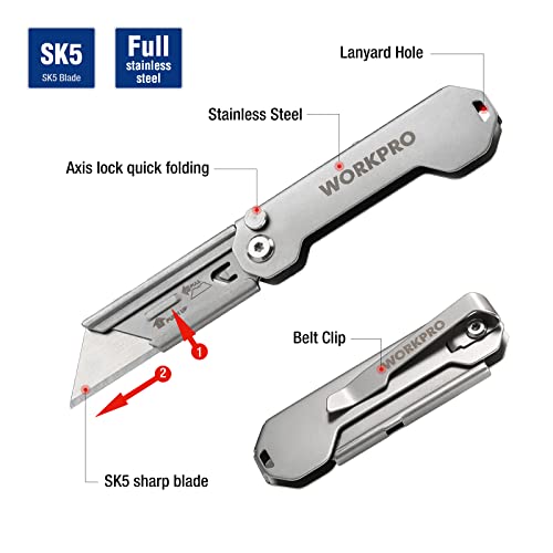 WORKPRO EDC Folding Utility Knife, Mini Box Cutter with Quick Open Axis Lock, Quick Change Blade Razor Knife, Foldable Small Pocket Knife with Belt Clip - color: Silver