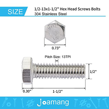 1/2-13 x 1-1/2" Hex Head Bolts, Stainless Steel 304, Hexagon Head Screws, UNC Coarse Thread, Bright Finish, Fully Threaded, Quantity 8 - size: 1/2-13 x 1-1/2"(8 PCS)