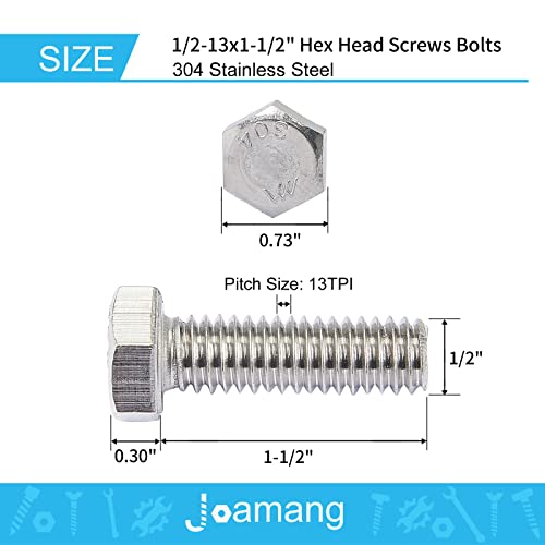 1/2-13 x 1-1/2" Hex Head Bolts, Stainless Steel 304, Hexagon Head Screws, UNC Coarse Thread, Bright Finish, Fully Threaded, Quantity 8 - size: 1/2-13 x 1-1/2"(8 PCS)