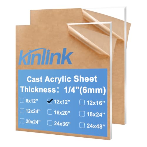 KINLINK 12x12 Plexiglass Sheets 1/4 inch Thick, 6mm Clear Cast Acrylic Sheet, Plastic Board for DIY Project, Craft, Window Glass, Table top, Picture Frame, Acrylic Sign and Wedding Invitation 2 Pack