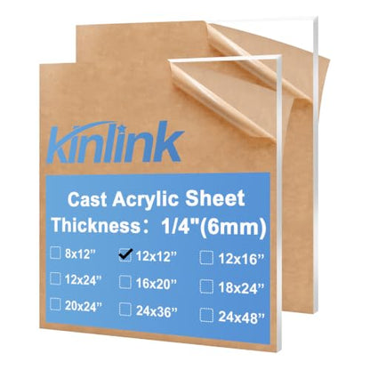 KINLINK 12x12 Plexiglass Sheets 1/4 inch Thick, 6mm Clear Cast Acrylic Sheet, Plastic Board for DIY Project, Craft, Window Glass, Table top, Picture Frame, Acrylic Sign and Wedding Invitation 2 Pack
