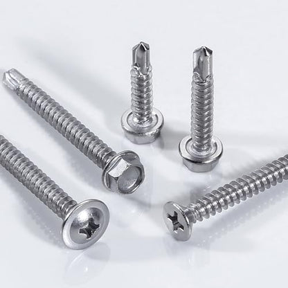 440 Pcs 410 Stainless Steel Sheet Metal Self-Tapping Screws Combination Set with Flat Head, Large Flat Head and Hexagon Head Screws 8# Length 1/2” to 2”（Silver）