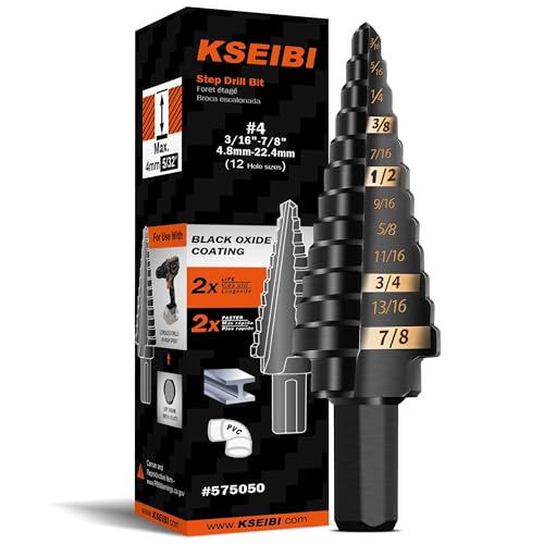 KSEIBI #4 HSS Step Drill Bit Set 3/16-7/8" with 3/8 Shank - Black Oxide Finish for Metal, Wood, Plastic Drilling - Durable, Precision Multi-Sized Bits with 3-Flat Shank 575050 - size: #4 (3/16-7/8 inch)