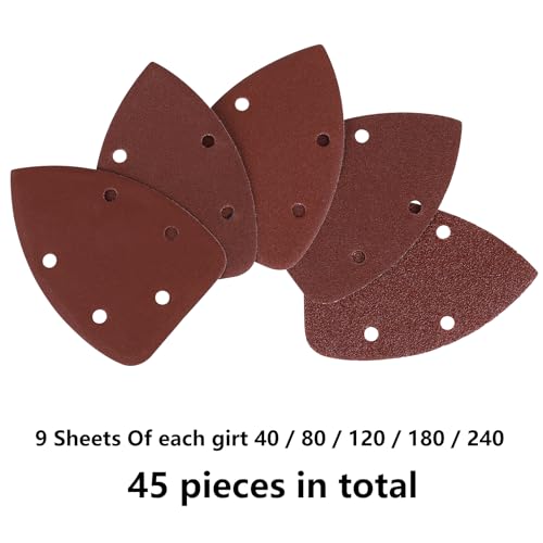 Mouse Sander Sandpaper 45 PCS & 2 Interface Pad, Assorted Sanding Pads 40/80/120/180/240 Grits Detail Sand Paper (5 Hole)