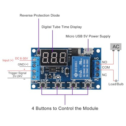 2pcs DC 6-30V Timer Relay Programmable Time Delay Relay Module Cycle Timer with LED Display Support Micro USB 5V Power Supply, Smart Home Controller