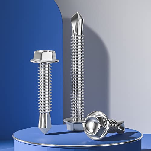 Wensilon (200Pcs) #8×1-1/4" Hex Washer Head Self Drilling Screws, 410 Stainless Steel Metal SheetScrews，TEK Screws, Sheet Metal Self Tapping Screws - color: Silver, size: #8×1-1/4"