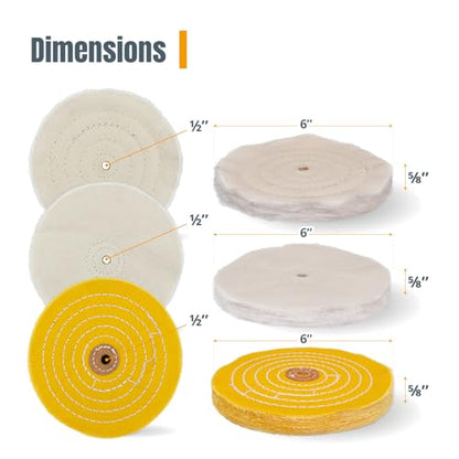 POWERTEC 6 Inch Buffing & Polishing Wheels (40 Ply) w/Buffing Polishing Compounds Kit, Extra Thick Buffer Wheels w/ 1/2" Arbor Hole for Bench Buffer Polisher and Bench Grinder (71631) - size: 6 inch, 6 pack