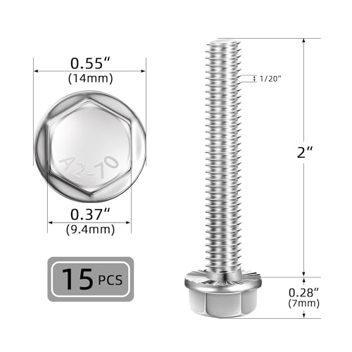 1/4-20 x 2 (15 PCS) Flanged Hex Head Bolts, Flange Washer Head Hexagon Screws, 18-8 Stainless Steel (304), Plain Finish, Full Thread - size: 1/4-20 x 2"