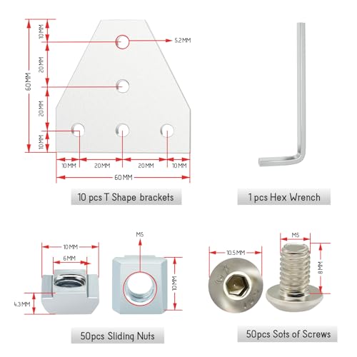2020Connector Bracket, 2020 Aluminum Extrusion Connector Set 5 Hole T Shape Joint Plates with 50pcs M5 T Nuts+50pcs M5x8mm Screws+1pcs Wrench for 2020 Series Aluminum Profile 3D Printer Frame(10PCS T - style: 10PCS T Shape silver