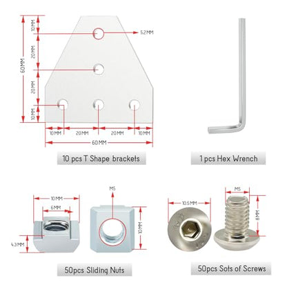 2020Connector Bracket, 2020 Aluminum Extrusion Connector Set 5 Hole T Shape Joint Plates with 50pcs M5 T Nuts+50pcs M5x8mm Screws+1pcs Wrench for 2020 Series Aluminum Profile 3D Printer Frame(10PCS T - style: 10PCS T Shape silver