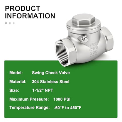 TAISHER 1PCS 304 Stainless Steel 1-1/2" NPT Female Swing Check Valve，Backflow Prevention, One Way Check Valve CF8 WOG 1000 - size: 1-1/2" NPT