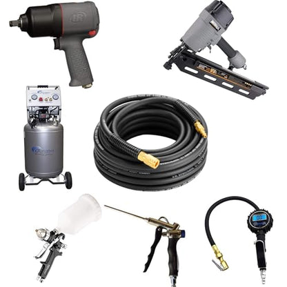 Air Compressor Hose 3/8 Inch x 25 FT, Hybrid Air Hose, Heavy Duty Lightweight Flexible Air Hose, Kink Resistant, All Weather Performance, 1/4" Industrial Quick Connect Coupler & Plug, 300 PSI, Black - size: 25FT