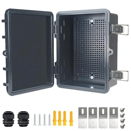 Electrical Junction Box, IP67 Waterproof Outdoor Box ABS Plastic Enclosure with Stainless Steel Latches & Brackets, Hinge Black Cover Project Box with Mounting Plate 7.1"x5.1"x3.5" - color: Black, size: 7.1"x5.1"x3.5"