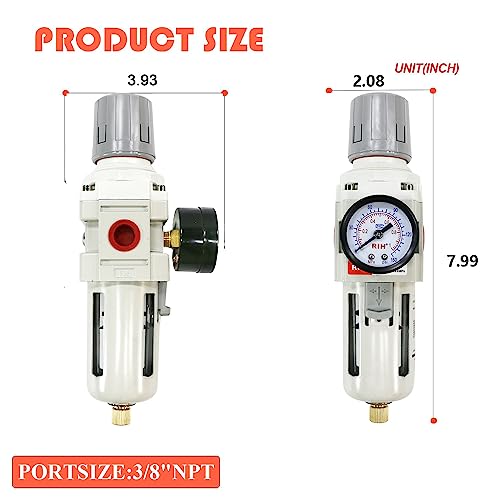 RIH 3/8" NPT Air Filter Pressure Regulator Combo, Semi-Auto Drain - size: 3/8"NPT