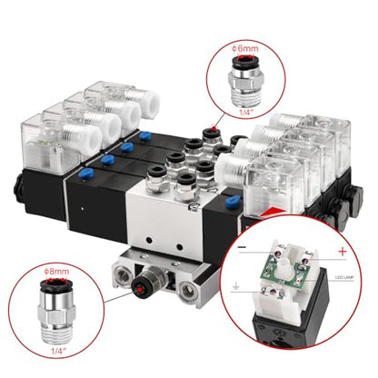 Heschen Electrical Pneumatic 4 Solenoid Valve, 4V230C-08, 24VDC, PT1/4, 5 Way 3 Position, Manifold Base, Muffler, Quick Fittings Set, CE