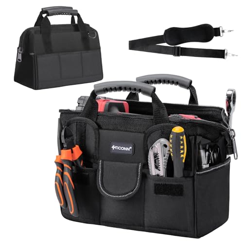 TICONN Heavy Duty Tool Bag Organizer, Portable Tool Box with Shoulder Strap - color: Black, size: 12" Standard Base