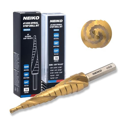 NEIKO 10600A Step Drill Bit, 13 Steps 1/8" to 1/2" Spiral High Speed Steel, Titanium Nitride Coated, 1/4" Tri Flat Step Bits for Steel, Metal, Wood, Plastic, Unibit Cone Drill Bits, Two Flute - size: #1 (1/8 - 1/2", 13S), style: Spiral
