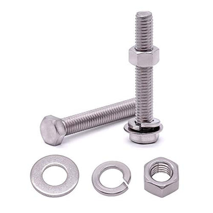 (10 Sets) M6-1.0 x 20mm Hex Bolt Kit, 304 Stainless Steel (18-8), Includes Hexagon Head Screws and Nuts, Flat & Lock Washers, Full Coarse Thread, for Machinery, Automotive, DIY - size: M6 x 20mm