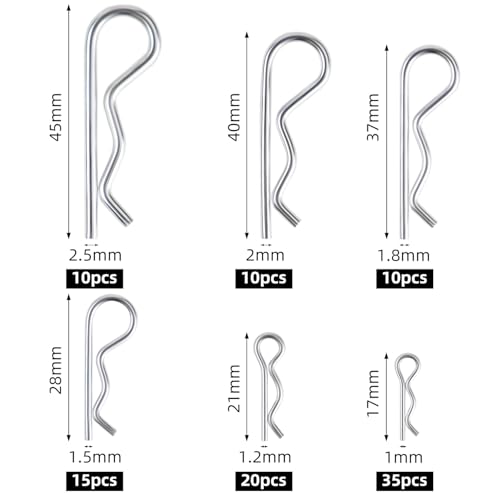 100 Pcs Cotter Pin R Pins Carbon Steel R Clips Zinc Plated Hitch Pins Spring Fastener Assortment Kit Retaining Pin Hair Pin Hairpin Clip 6 Size Heavy Duty R Pin Used for Hitch Pin Lock System (Silver)