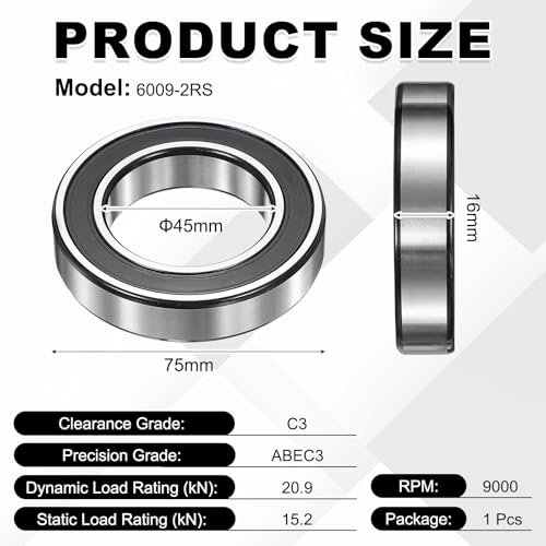 uxcell 1Pcs 6009-2RS Deep Groove Ball Bearings, 45x75x16 mm High Speed Double Rubber Seal Bearings Pre-Lubricated and Stable for Industrial Machinery Repairs 3D Project - size: 6009-2RS(45x75x16 mm)