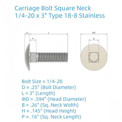 SANTIE 1/4"-20 x 3 Stainless Steel Carriage Bolts, 25-Piece - size: 1/4"-20 X 3"(25pc)