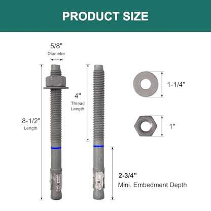 5/8" x 8-1/2" Concrete Anchors (10 Pack), Wedge Anchors Bolts, Hot Dip Galvanized - size: 5/8"x8-1/2" (10 PCS)