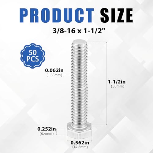 Zonon 50 Pcs 3/8-16 x 1-1/2" Hex Head Screw Bolt, Silver - color: Silver, size: 3/8-16 X 1-1/2"