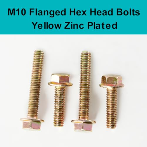 M10 x 40mm 10pcs Flanged Hex Head Bolts, M10 x 1.5 Bolts, Flange Hexagon Head Screws, 8.8 Grade Alloy Steel, Yellow Zinc Plated, Metric Fully Thread - size: M10 x 40mm(10PCS)