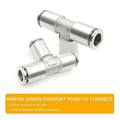 CEKER 8mm Push Tee Union Fitting, Nickel Plated Brass, Quick Connect, 2 Pack - size: 8 mm, style: TEE